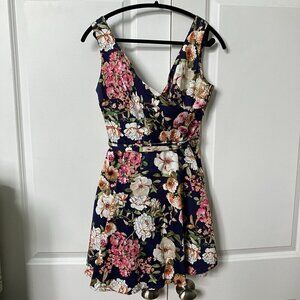Floral Sleeveless Dress - Navy and Pink